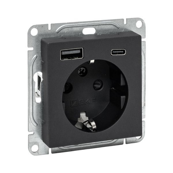 Розетка СП Эпика 16А с 2 USB-A+С с заземл. защ. шторки механизм черн. EKF UP1-SOB-111-USBA+USBC