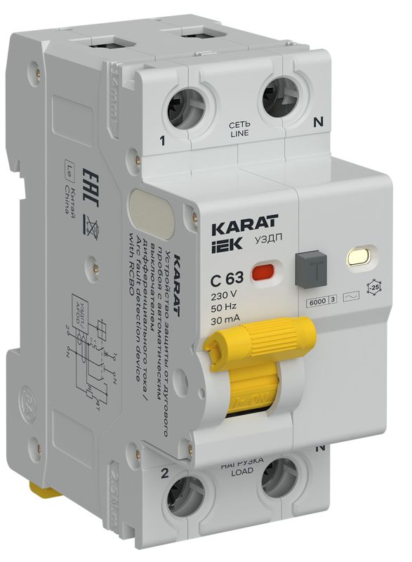 Устройство защиты от дугового пробоя с автоматическим выключателем дифференциального тока (УЗДП + АВДТ) 1P+N C 63А 30мА тип AC KARAT IEK KA-DP12-1-063-C-030-AC