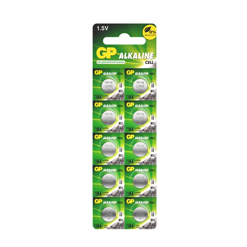 Элемент питания алкалиновый "таблетка" LR43/LR1142/AG12/G12 1.5В 186FRA-2C10 250/5000 (блист.10шт) GP 2830