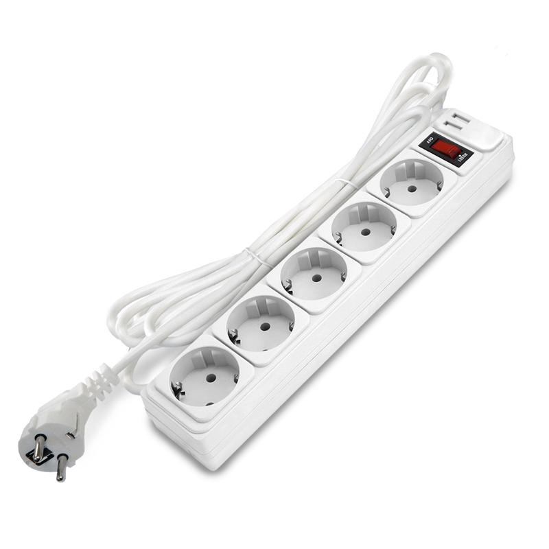 Удлинитель с сетевым фильтром 5х3м с заземл 10А 2.2кВт IP20 2хUSB ПВС 3х1 с выкл. бел. DOMTOK 2565