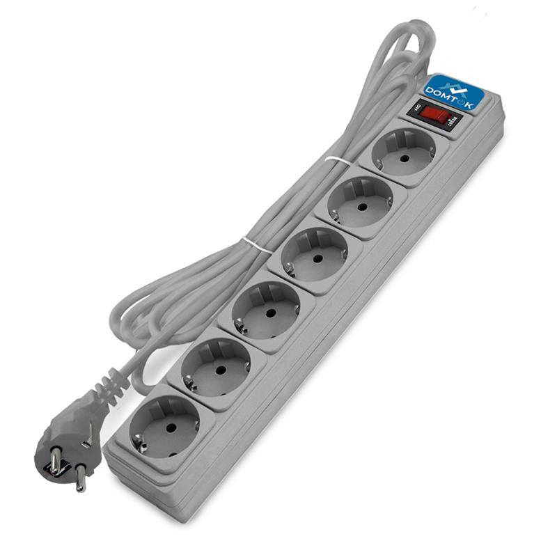 Удлинитель с сетевым фильтром 6х1.8м с заземл 10А IP20 2.2кВт ПВС 3х1 с выкл. сер. DOMTOK 2518