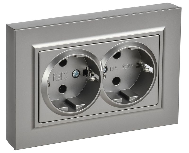 Розетка 2-м СП BRITE РСПл12-3-БрС 16А в сборе с заземл. без защ. шторок плоская сталь IEK BR-R27-16-K46-F