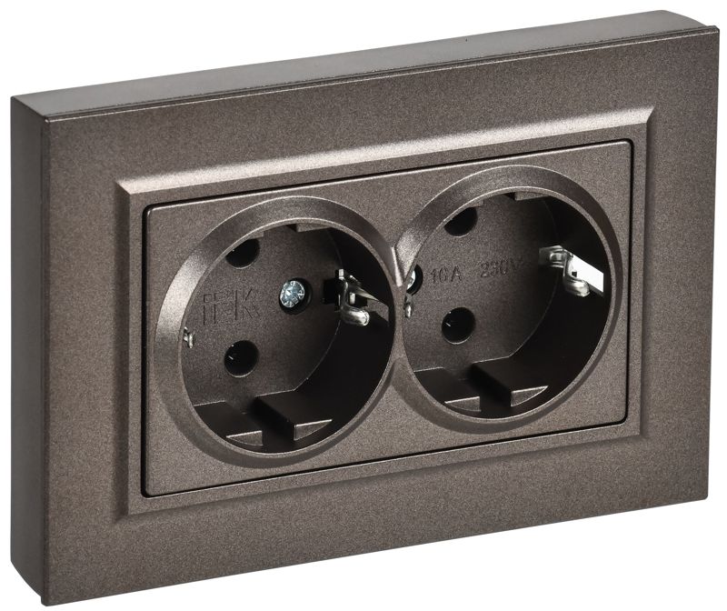 Розетка 2-м СП BRITE РСПл12-3-БрТБ 16А в сборе с заземл. без защ. шторок плоская бронза IEK BR-R27-16-K45-F