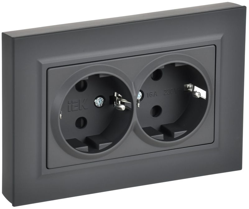 Розетка 2-м СП BRITE РСшПл12-3-БрГ 16А в сборе с заземл. защ. шторки плоская графит IEK BR-R28-16-K53-F