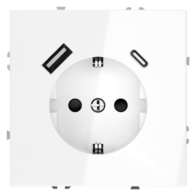 Розетка 1-м СП S70 16А с USB тип A+С механизм с заземл. защ. шторки бел. глянцевый Voltum VLS040501