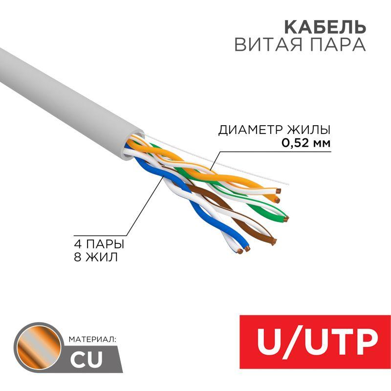 Кабель витая пара U/UTP кат.5E 4х2х0.52 24AWG PVC INDOOR SOLID сер. РФ (305м) Rexant 02-0005-R