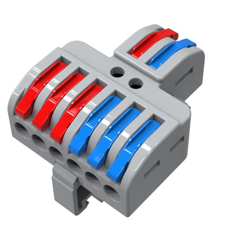 Клемма проходная разветвительная СМК 2x3D 2п на DIN-рейку 0.08-4кв.мм (1 ввод 3 вывода на полюс) сер. (уп.25шт) Rexant 07-5281