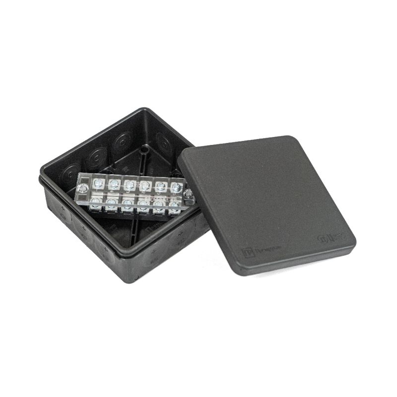 Коробка распределительная 100х100х40 для прямого монтажа двухкомпонентн. (HF) в компл. с 6-кл. зажимами сечение до 2.5 кв.мм черн. Промрукав PR80.0171