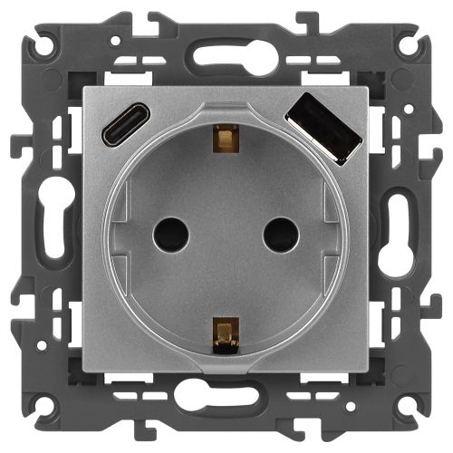 Розетка 1-м СП Elegance 14-4108-03 16А 250В 2P+E с USB type-A+C 5В-3А защ. шторки алюм. Эра Б0067741