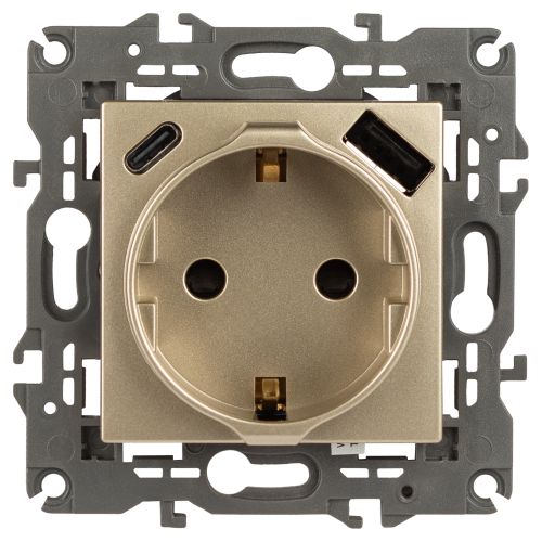 Розетка 1-м СП Elegance 14-4108-04 16А 250В 2P+E с USB type-A+C 5В-3А защ. шторки шампань Эра Б0067740