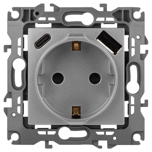 Розетка Эра12 12-4108-03 16А 250В 2P+E с USB type-A+C 5В-3А защ. шторки алюм. Эра Б0067716