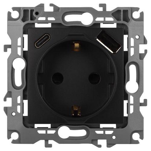 Розетка Эра12 12-4108-05 16А 250В 2P+E с USB type-A+C 5В-3А защ. шторки антрацит Эра Б0067707
