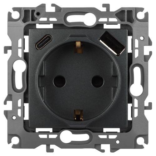 Розетка Эра12 12-4108-12 16А 250В 2P+E с USB type-A+C 5В-3А защ. шторки графит Эра Б0067700