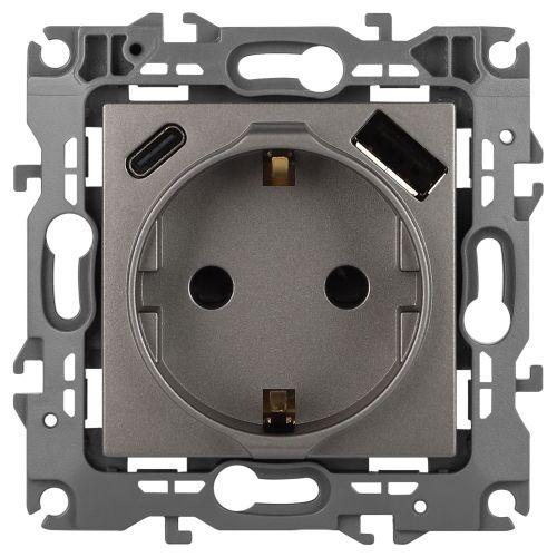 Розетка Эра12 12-4108-16 16А 250В 2P+E с USB type-A+C 5В-3А защ. шторки титан Эра Б0067762