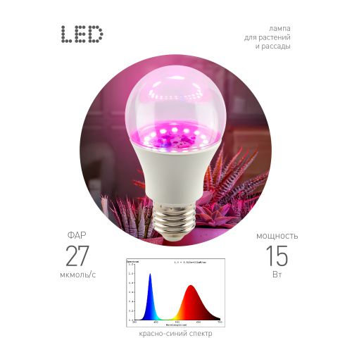 Лампа светодиодная GREEN LINE ФИТО A60-15W-PL-E27-GR 15Вт E27 для растений красн./син. спектра Эра Б0064548