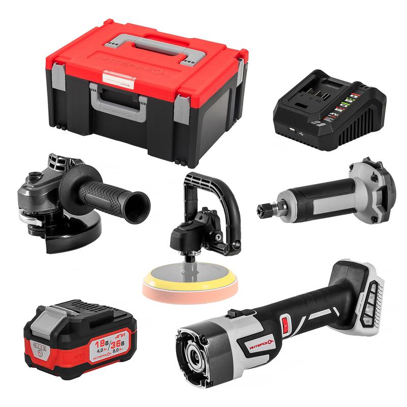 Набор инструмента МультиМакс 36 (модуль привода ММ-36Э модуль УШМ-125 3612ВЭ модуль ПШМ-3606ВЭ модуль УПМ-36ВЭ АКБ 18(36) заряд. устр. МультиБОКС) ИНТЕРСКОЛ 900.4.3.42