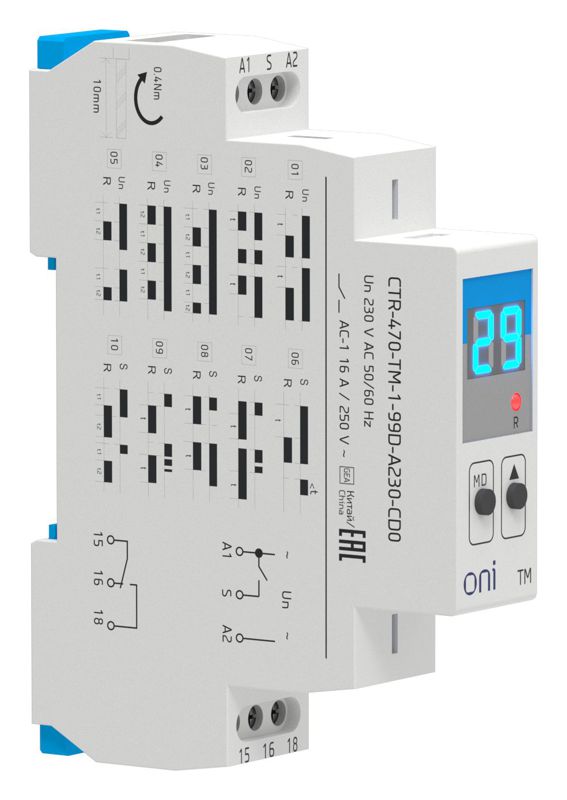 Реле времени многофункц. TM дисплей 1 контакт 230В AC ONI CTR-470-TM-1-99D-A230-CD0