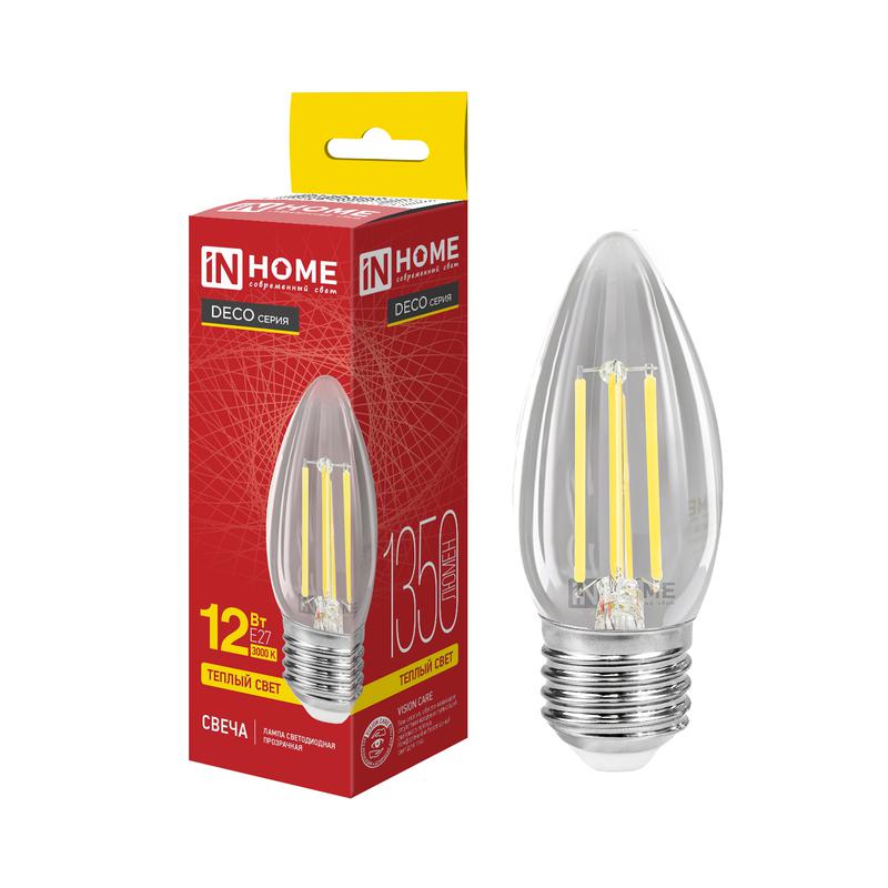 Лампа светодиодная LED-СВЕЧА-deco 12Вт свеча прозрачная 3000К E27 1350лм 230В IN HOME 4690612063263