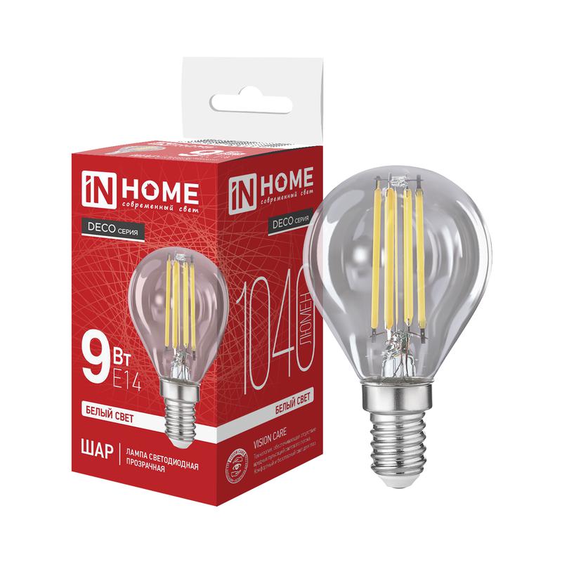 Лампа светодиодная LED-ШАР-deco 9Вт шар прозрачная 4000К E14 1040лм 230В IN HOME 4690612063324
