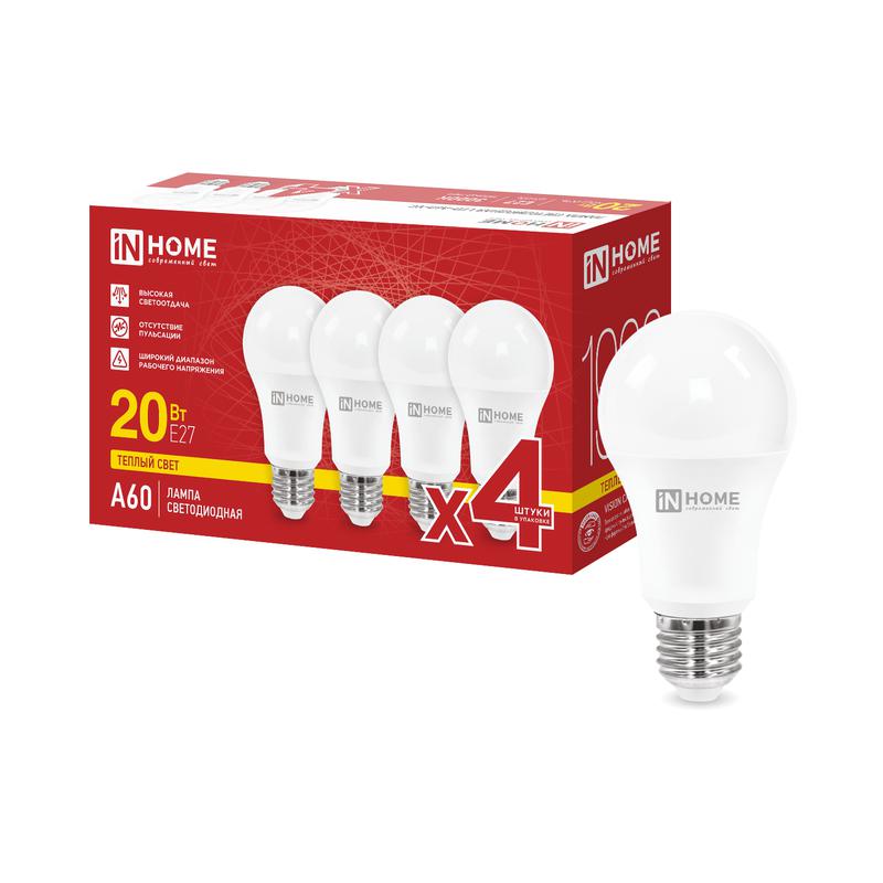 Лампа светодиодная LED-A60-VC 4PACK 20Вт грушевидная 3000К E27 1900лм 230В (уп.4шт) IN HOME 4690612063058