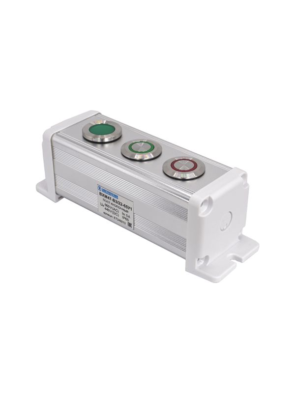 Пост управления BXM47-B3/22-65У1 1 лампа 220В зел. + 1 цилиндрическая кнопка 1C1NO1NC зел. + 1 цилиндрическая кнопка 1C1NO1NC красн. Электротехник ET249213