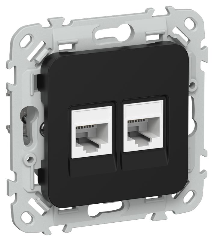 Розетка 2-м СП FLITE РКТ6/3-2-0-ФлЧ RJ45/RJ11 кат.6/3 UTP механизм черн. IEK FI-KT22-2-K02