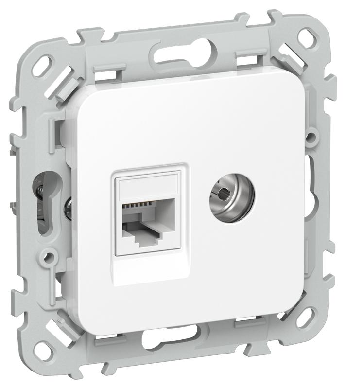 Розетка 2-м СП FLITE РКТВ5е-2-0-ФлБ RJ45/TV кат.5E UTP механизм бел. IEK FI-AK22-1-K01