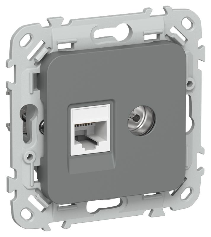 Розетка 2-м СП FLITE РКТВ5е-2-0-ФлМА RJ45/TV кат.5E UTP механизм мокрый асфальт IEK FI-AK22-1-K80