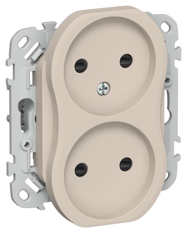 Розетка 2-м СП FLITE РСш02-0-ФлЛ 10А без заземл. с защ. шторками механизм льняной IEK FI-R23-10-K88