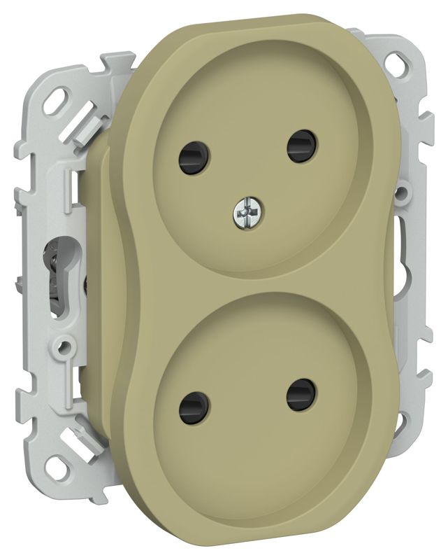 Розетка 2-м СП FLITE РСш02-1-ФлО 10А без заземл. с защ. шторками безвинтовое крепление механизм олив. IEK FI-R23-10-1-K26