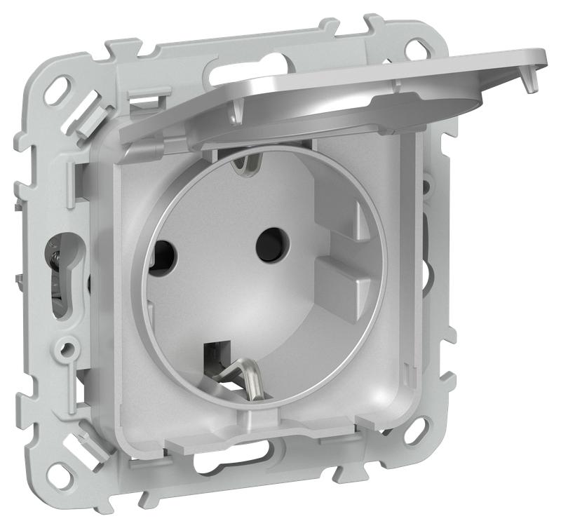 Розетка СП FLITE РСшкр11-0-44-ФлА 16А IP44 с заземл. с защ. шторками и крышкой механизм алюм. IEK FI-R16-16-44-K47