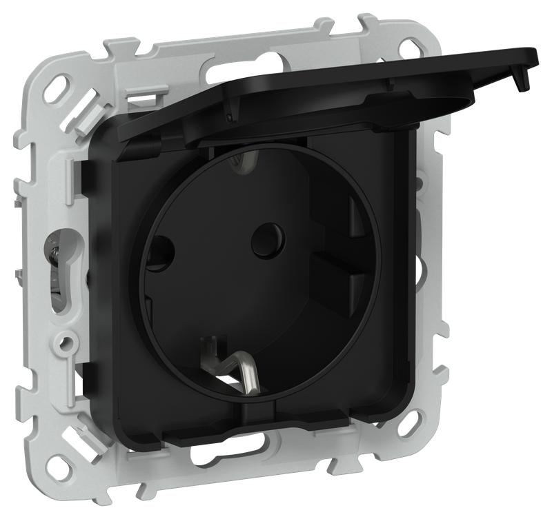 Розетка СП FLITE РСшкр11-0-44-ФлЧ 16А IP44 с заземл. с защ. шторками и крышкой механизм черн. IEK FI-R16-16-44-K02