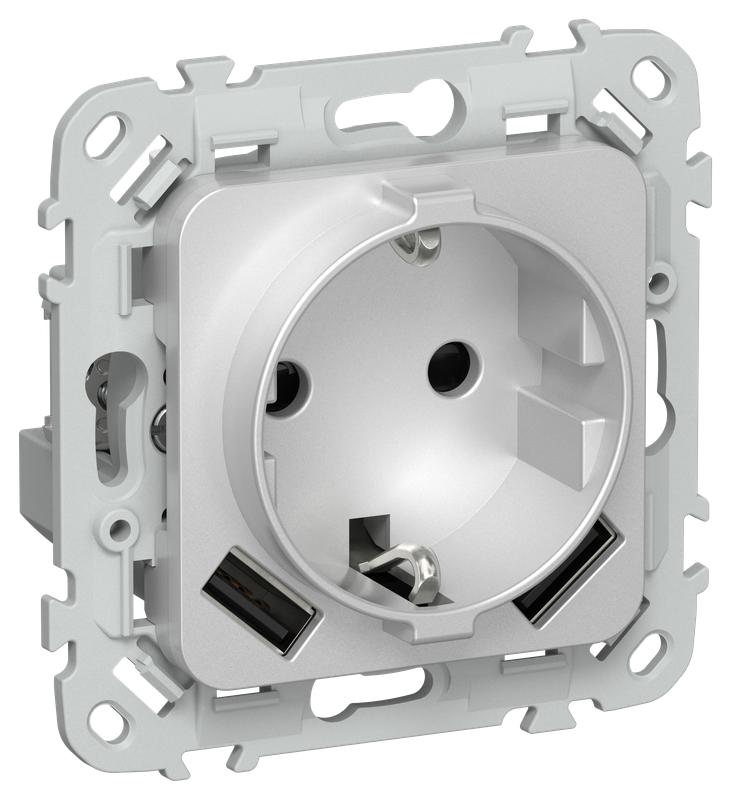 Розетка 1-м СП FLITE РСЮша11-1-ФлА 16А с USB A+A 3.1А с заземл. с защ. шторками безвинтовое крепление механизм алюм. IEK FI-R14-16-1-U21-D31-K47