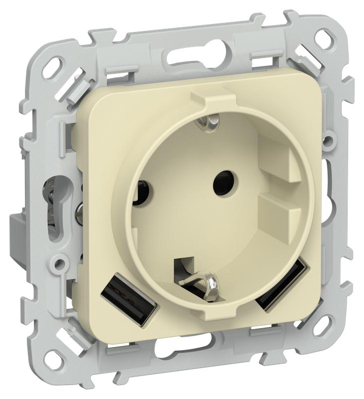 Розетка 1-м СП FLITE РСЮша11-1-ФлН 16А с USB A+A 3.1А с заземл. с защ. шторками безвинтовое крепление механизм навахо IEK FI-R14-16-1-U21-D31-K87
