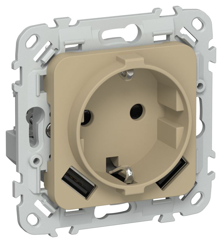 Розетка 1-м СП FLITE РСЮша11-1-ФлХ 16А с USB A+A 3.1А с заземл. с защ. шторками безвинтовое крепление механизм хаки IEK FI-R14-16-1-U21-D31-K59