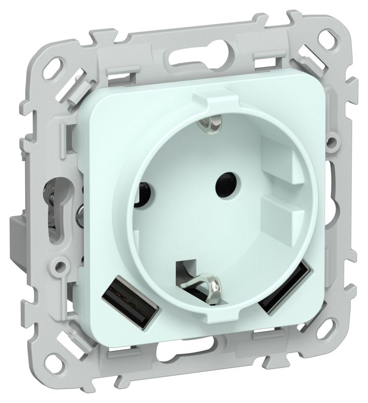 Розетка 1-м СП FLITE РСЮша11-1-ФлХЛ 16А с USB A+A 3.1А с заземл. с защ. шторками безвинтовое крепление механизм холод. лед IEK FI-R14-16-1-U21-D31-K94