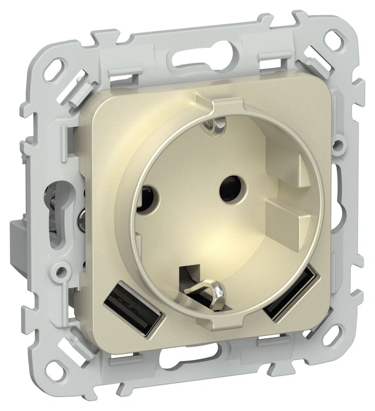 Розетка 1-м СП FLITE РСЮша11-1-ФлШ 16А с USB A+A 3.1А с заземл. с защ. шторками безвинтовое крепление механизм шампань IEK FI-R14-16-1-U21-D31-K37