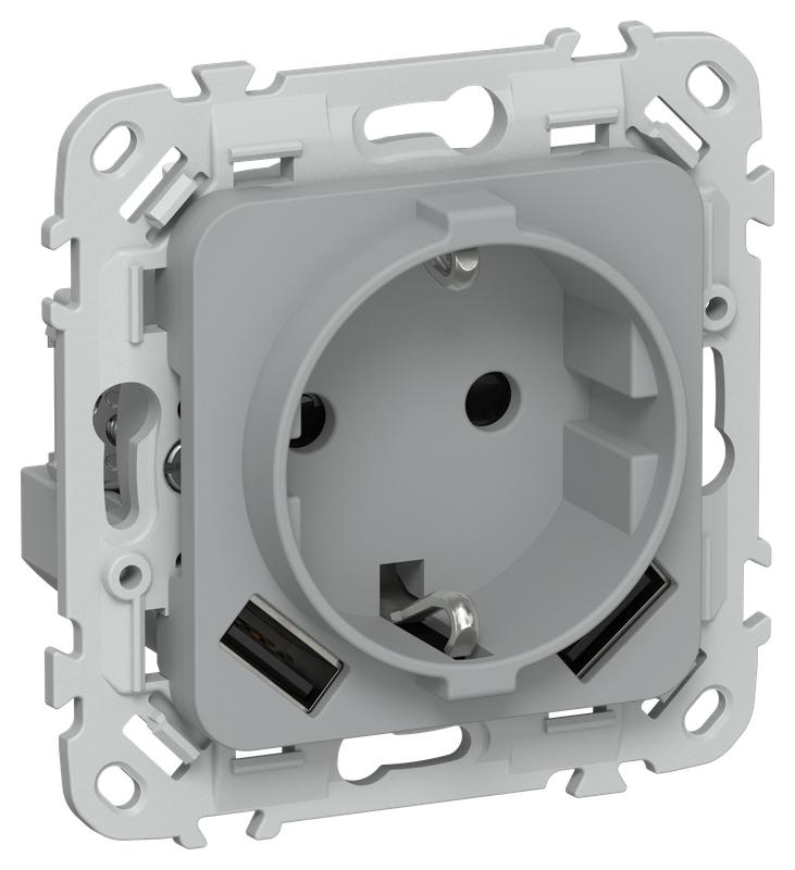 Розетка 1-м СП FLITE РСЮша11-0-ФлС 16А с USB A+A 3.1А с заземл. с защ. шторками механизм сер. IEK FI-R14-16-U21-D31-K03