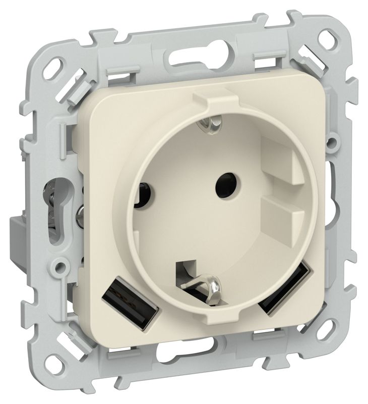 Розетка 1-м СП FLITE РСЮша11-0-ФлСл 16А с USB A+A 3.1А с заземл. с защ. шторками механизм сливочный IEK FI-R14-16-U21-D31-K86