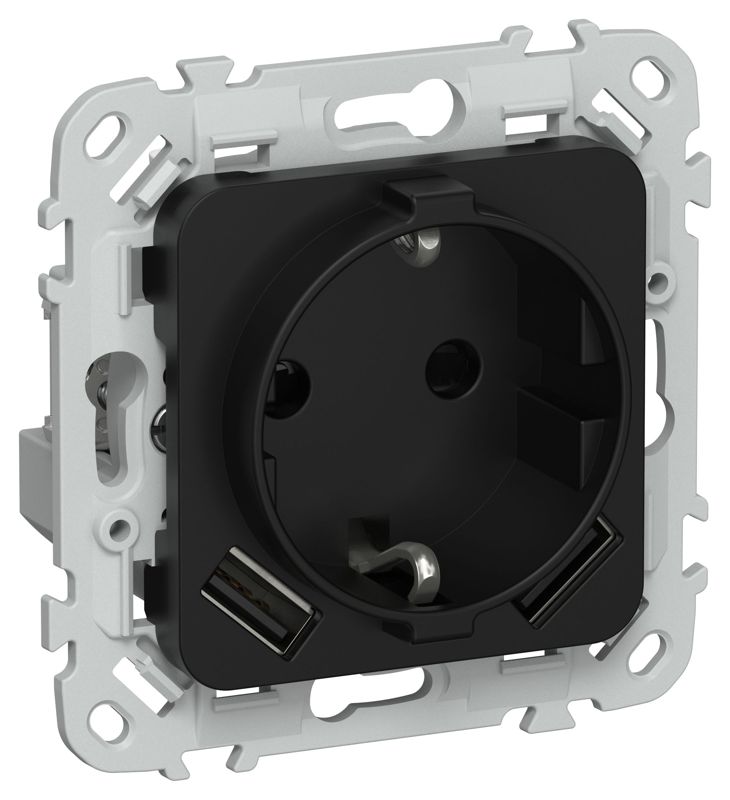 Розетка 1-м СП FLITE РСЮша11-0-ФлЧ 16А с USB A+A 3.1А с заземл. с защ. шторками механизм черн. IEK FI-R14-16-U21-D31-K02