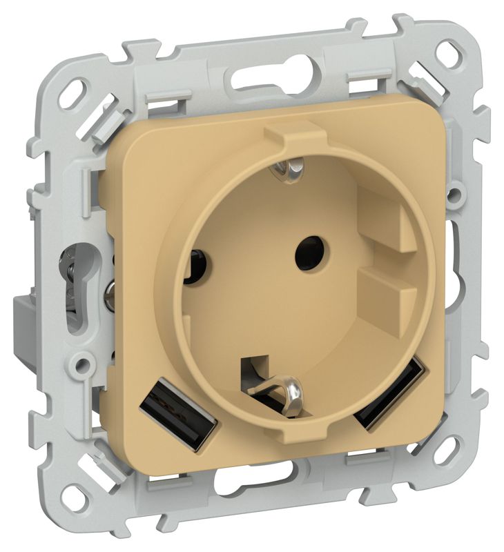 Розетка 1-м СП FLITE РСЮша11-0-ФлШм 16А с USB A+A 3.1А с заземл. с защ. шторками механизм шамуа IEK FI-R14-16-U21-D31-K89