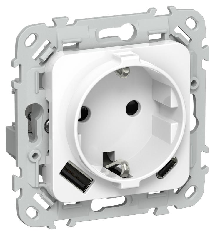 Розетка 1-м СП FLITE РСЮшс11-1-ФлБ 16А с USB A+C 20Вт с заземл. с защ. шторками безвинтовое крепление механизм бел. IEK FI-R14-16-1-U22-020-K01