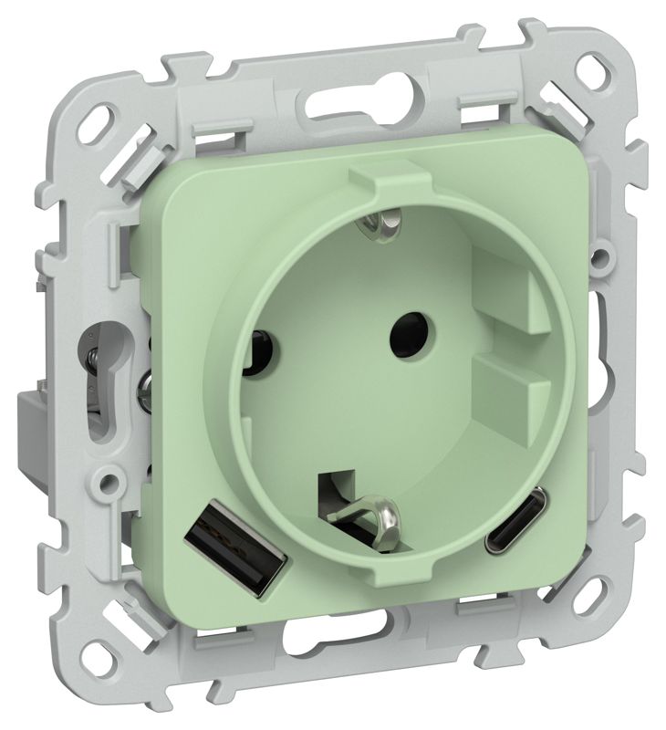 Розетка 1-м СП FLITE РСЮшс11-1-ФлФ 16А с USB A+C 20Вт с заземл. с защ. шторками безвинтовое крепление механизм фисташк. IEK FI-R14-16-1-U22-020-K93