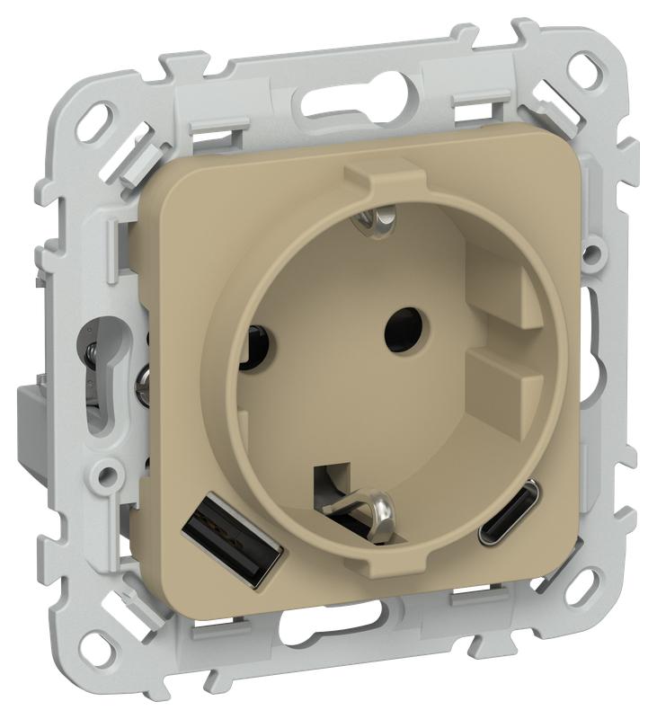 Розетка 1-м СП FLITE РСЮшс11-1-ФлХ 16А с USB A+C 20Вт с заземл. с защ. шторками безвинтовое крепление механизм хаки IEK FI-R14-16-1-U22-020-K59