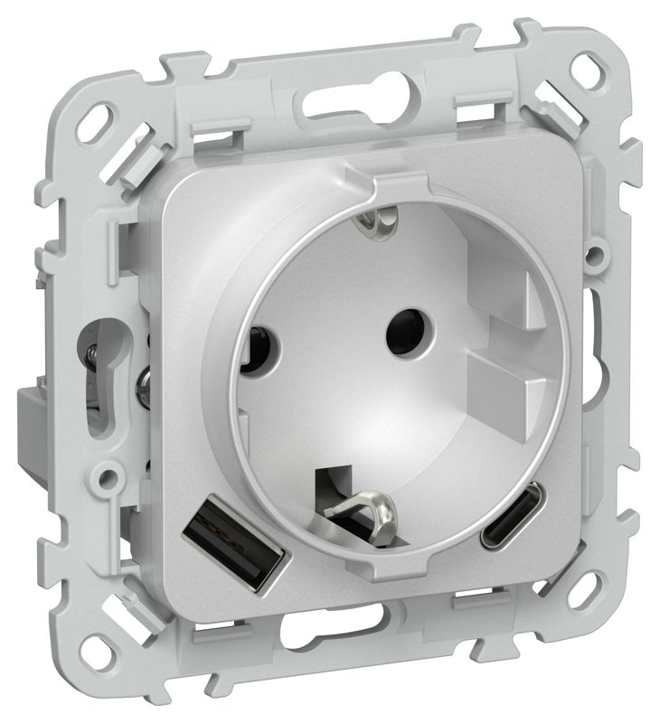 Розетка 1-м СП FLITE РСЮшс11-0-ФлА 16А с USB A+C 20Вт с заземл. с защ. шторками механизм алюм. IEK FI-R14-16-U22-020-K47