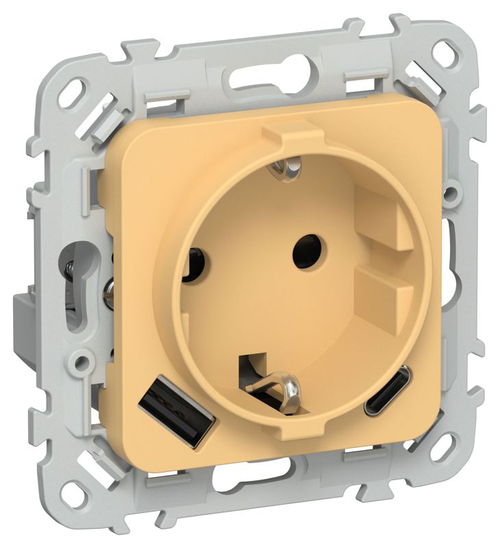 Розетка 1-м СП FLITE РСЮшс11-0-ФлЗ 16А с USB A+C 20Вт с заземл. с защ. шторками механизм золотарник IEK FI-R14-16-U22-020-K90