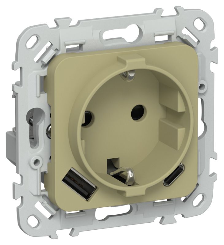 Розетка 1-м СП FLITE РСЮшс11-0-ФлО 16А с USB A+C 20Вт с заземл. с защ. шторками механизм олив. IEK FI-R14-16-U22-020-K26