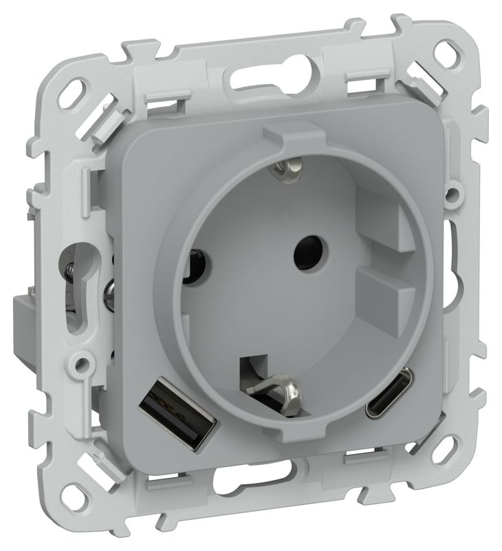 Розетка 1-м СП FLITE РСЮшс11-0-ФлС 16А с USB A+C 20Вт с заземл. с защ. шторками механизм сер. IEK FI-R14-16-U22-020-K03