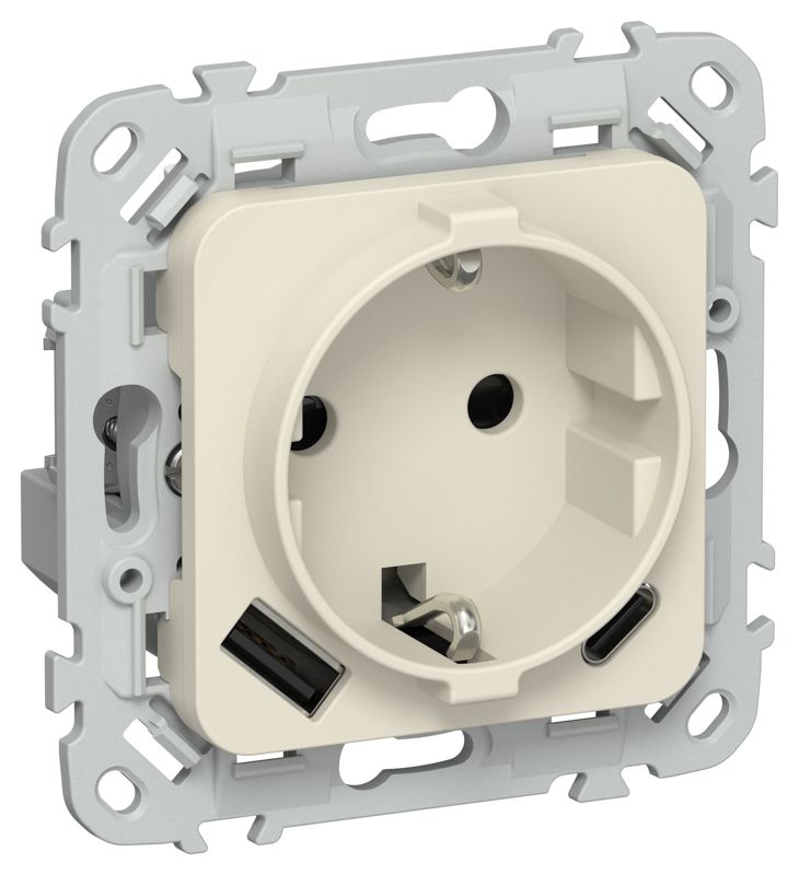 Розетка 1-м СП FLITE РСЮшс11-0-ФлСл 16А с USB A+C 20Вт с заземл. с защ. шторками механизм сливочный IEK FI-R14-16-U22-020-K86