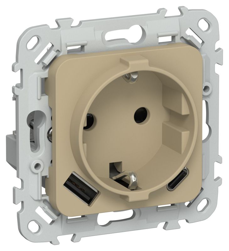 Розетка 1-м СП FLITE РСЮшс11-0-ФлХ 16А с USB A+C 20Вт с заземл. с защ. шторками механизм хаки IEK FI-R14-16-U22-020-K59